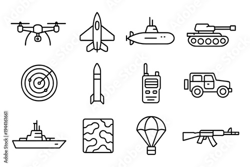 Military line icons: drones, submarines, and tactical equipment