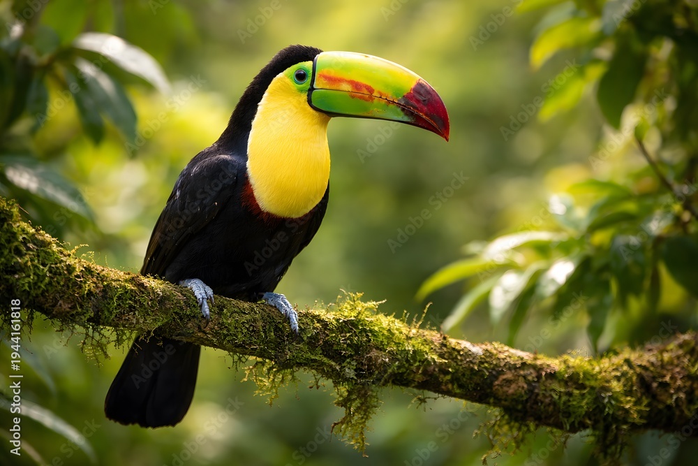 Obraz premium Keel billed toucan perched on mossy branch in tropical rainforest environment with vibrant green foliage background