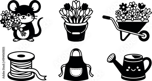 Cute cartoon mouse holding flower bouquet with potted tulips wheelbarrow full of flowers spool of ribbon apron and smiling watering can in vector art