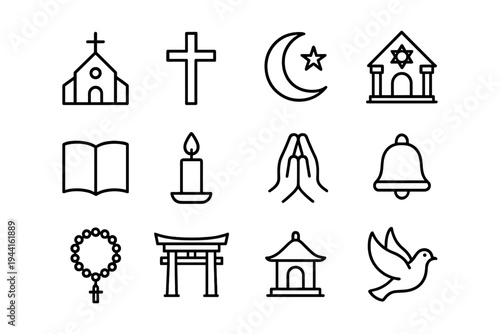 Simple line icons of religious symbols including church, mosque, synagogue, and dove