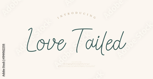 Love Tailed, Elegant Script font alphabet uppercase lowercase and number. Classic lettering minimal fashion designs. Typography modern serif fonts regular decorative vintage concept. 