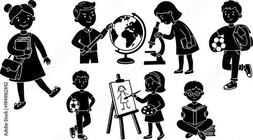 Silhouette children studying science painting reading and playing football in school education activities vector art