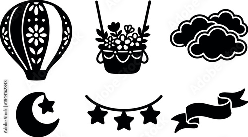 Silhouette hot air balloon floral basket hanging garland stars crescent moon clouds and ribbon vector icons set