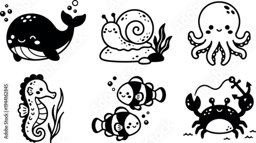 Cute cartoon style underwater sea animals whale snail octopus seahorse clownfish crab with anchor line art vector