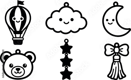 Cute black and white vector icons smiling hot air balloon cloud moon bear face stars and bow tassel decorations