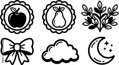 Black simple vector icons of apple pear plant bow cloud and crescent moon with stars isolated on white background