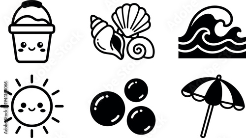 Cute smiling beach bucket filled with sand three seashells ocean wave sunny weather bubbles and striped beach umbrella vector icons