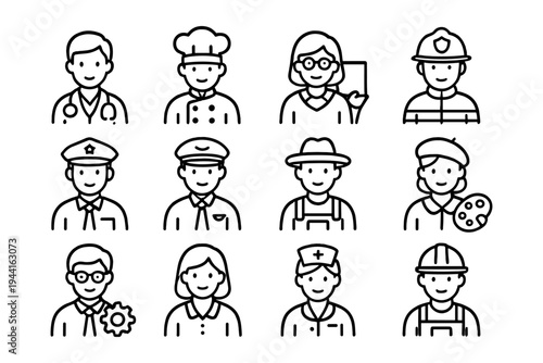 Diverse professions in simple linear style: doctor, chef, teacher, firefighter, and more