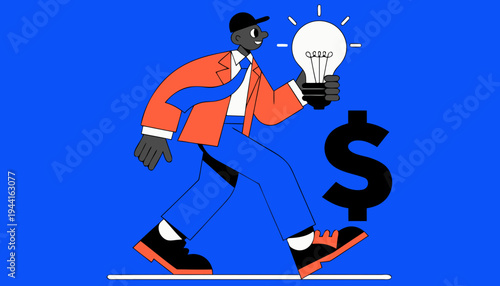 Businessman holding a glowing lightbulb that casts a dollar sign shadow on a wall. Concept of monetizing ideas, innovation, investment, startup success and profit growth