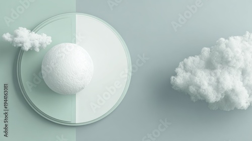 Minimalist composition features a textured sphere resting upon a divided circular platform amidst soft clouds.