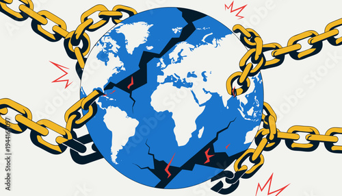 Earth globe wrapped in a broken metal chain with sparks on a dark background. Concept of supply chain disruption, global trade breakdown, sanctions impact, crisis and resilience.