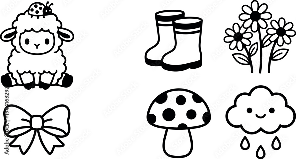 Fototapeta premium Cute vector art of smiling lamb with ladybug sitting next to rain boots flowers bow mushroom and happy cloud raining drops
