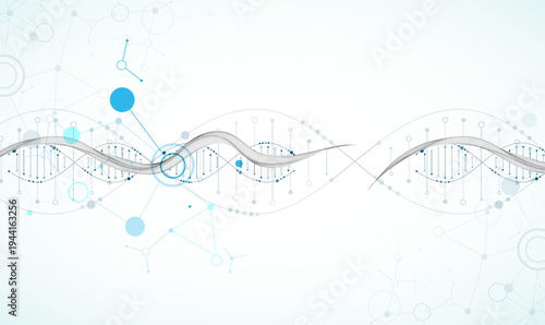 Abstract image of DNA molecule on wireframe wave. Scientific vector background.