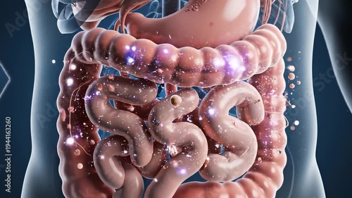 Human Digestive System 3D Render: Gastrointestinal Tract with Gut Microbiome, Bacteria, and Nutrients for Digestive Health Concept