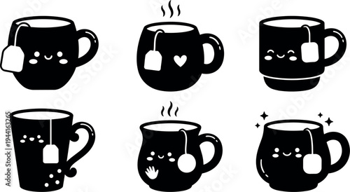 Cute kawaii smiling tea cups with tea bags and steam in simple black silhouette vector icons set