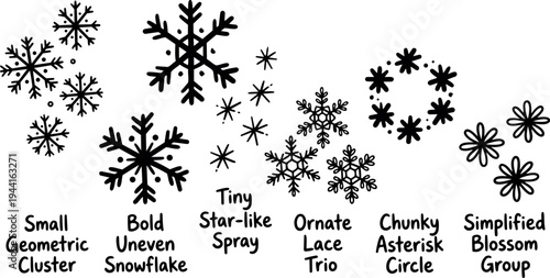 Black hand drawn snowflake icons set with geometric cluster ornate lace and star like spray decorative seasonal winter elements