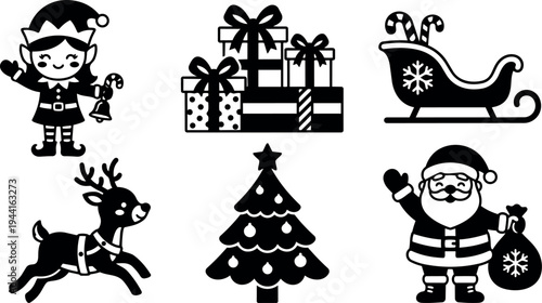 Christmas flat design set of elf waving with bell reindeer running santa waving with sack tree and sleigh with candy canes decorated with snowflake