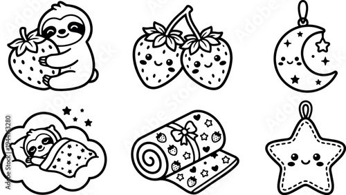 Cute sloth hugging large strawberry sleeping on cloud smiling moon and star kawaii style vector art set with decorative blanket and hanging plush toys