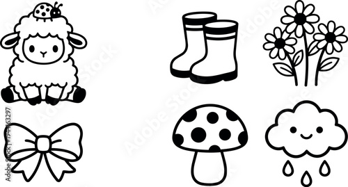Cute vector art of smiling lamb with ladybug sitting next to rain boots flowers bow mushroom and happy cloud raining drops