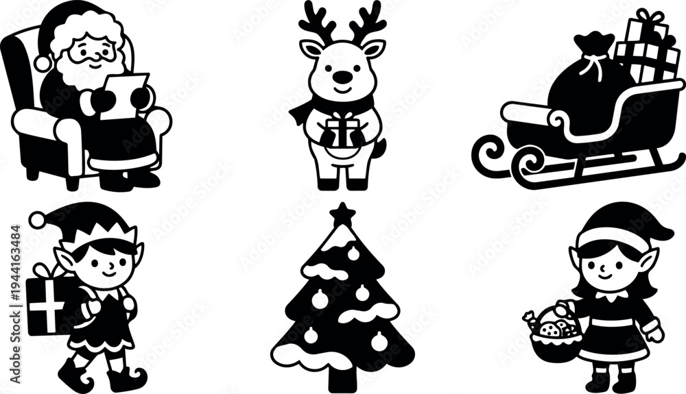Obraz premium Black and white vector art of santa claus reading list reindeer holding gift elf carrying present christmas tree and female elf with basket of cookies plus sleigh full of gifts