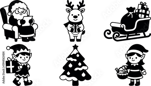 Black and white vector art of santa claus reading list reindeer holding gift elf carrying present christmas tree and female elf with basket of cookies plus sleigh full of gifts