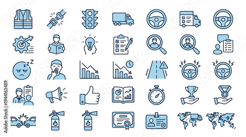 Professional Logistics and Fleet Management Icons Set including Road Safety Symbols Driver Training Recruitment Analytics Global Delivery Supply Chain Compliance Fatigue Awareness Accident Prevention