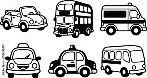Cute black and white cartoon style vectors of smiling convertible car double decker bus ambulance taxi and minibus icons collection