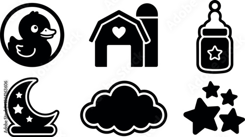 Simple black silhouette icons set including duck in circle moon with stars barn with heart baby bottle cloud and collection of stars