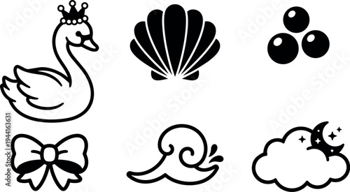 Black outline vector icons set including crowned swan bow shell wave moon cloud and round spheres simple line art
