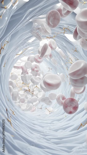 Close-up view of red and white blood cells flowing through a vein or artery.