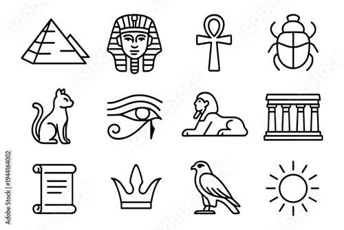 Ancient egypt icons set featuring pyramids, sphinx, and hieroglyphs in bold outline