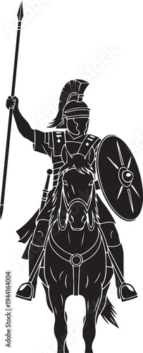 Powerful historical warrior concept on horseback, armed with a spear and shield, symbolizing courage, strength, and ancient military prowess