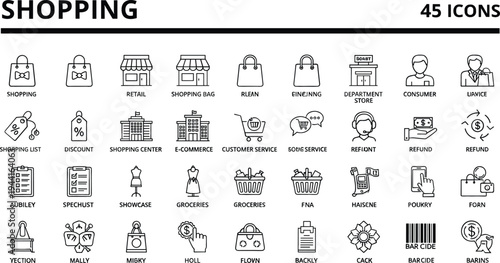 Retail commerce and shopping operations icon set featuring storefronts grocery baskets discount tags consumer service and refund symbols.