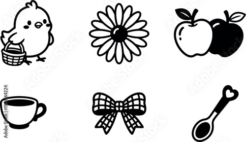 Cute bird carrying basket daisy flower pair of apples cup bow tie and spoon icons set vector art