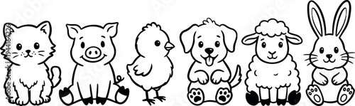 Cute black and white line art farm animals kitten pig chick puppy sheep and rabbit sitting in a row minimalist vector illustration