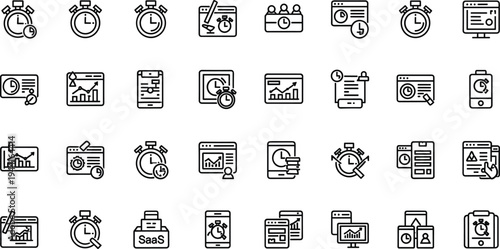 Business productivity and time management line icon set featuring analytics reports scheduling workflow and performance tools