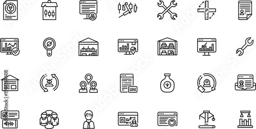 Business operations and enterprise management line icon set featuring analytics dashboards workflow tools maintenance services and corporate organization