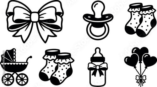 Black and white vector baby accessories set including bow pacifier socks stroller bottle and heart balloons in flat design style