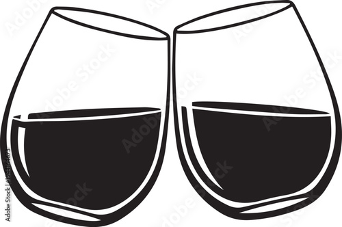 Two glasses of red wine toasting in celebration vector illustration line art silhouette style