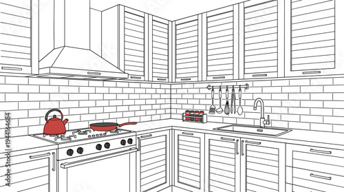 Sophisticated corner perspective of an industrial gourmet kitchen featuring horizontal-slat cabinetry, subway tile, and red accent cookware.