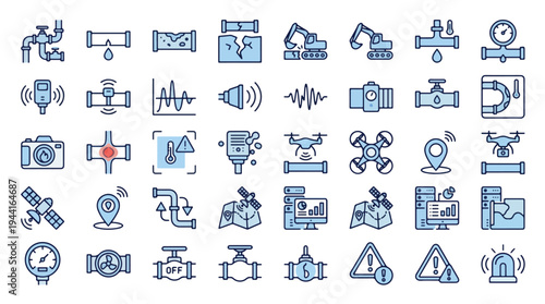 Pipeline Leak Detection and Monitoring System Icon Set for Industrial Maintenance, Utility Infrastructure Inspection, Smart Gas Oil Water Pipe Management with Drone Satellite Sensor Technology