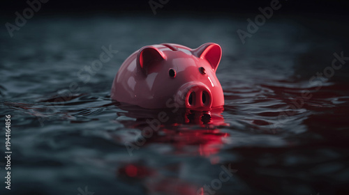 A pink piggy bank is half submerged in dark water. The concept of a financial crisis, debt, bankruptcy, and drowning savings.