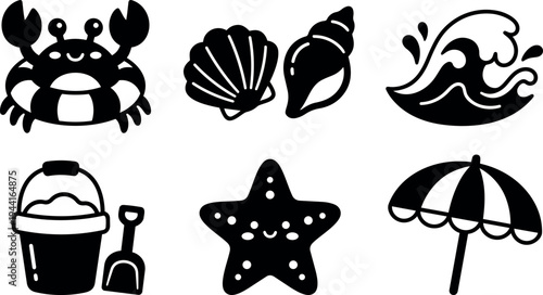Fun smiling crab starfish bucket shovel seashell umbrella wave black silhouette vector icons set for summer beach theme