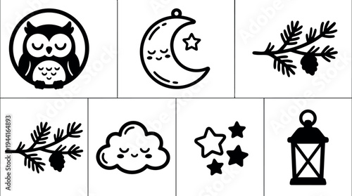 Simple minimalist black and white vector icons set including sleeping owl moon star cloud pine cone and lantern designs