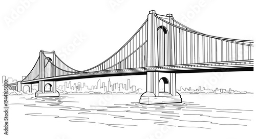 Suspension Bridge Cityscape Line Art