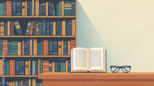 Open book and glasses on wooden desk in front of colorful bookshelf with various books