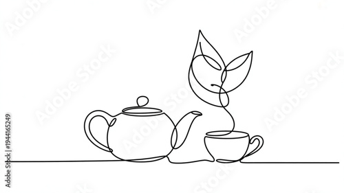 Continuous line drawing of teapot cup and leafy plant on table