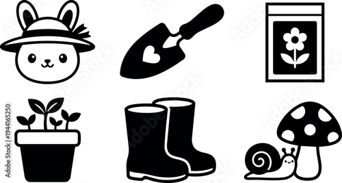 Cute bunny with hat gardening tools including shovel with heart rubber boots flower seed packet mushroom snail plant pot icons vector