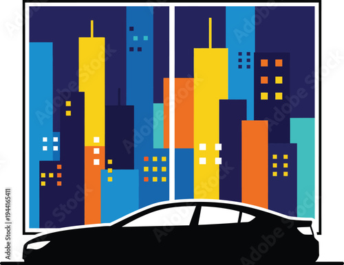 Silhouette of a modern sedan car in front of a city skyline.