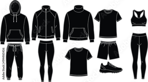 Black Flat Vector Activewear Set Including Hoodie Sweatshirt Tracksuit Leggings Sports Bra T-shirt And Sneakers For Fitness Apparel Mockup And Clothing Design Template